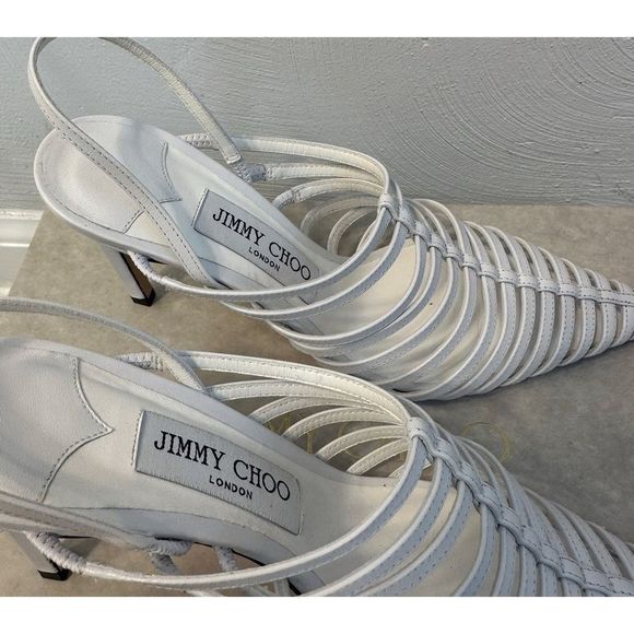 Jimmy Choo Thu 85 White Nappa Leather Sling Back Heels with Horizontal Straps - Picture 9 of 16
